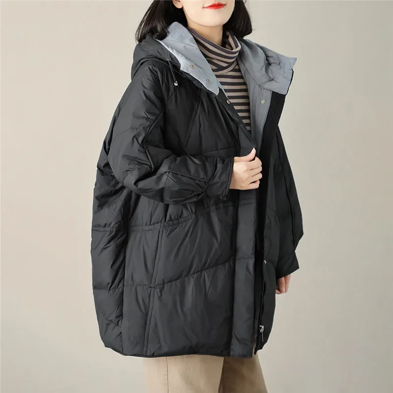 Пуховик женский средней длины с капюшоном теплая утепленная куртка на белом