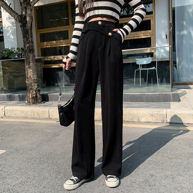 

Осень 2022, повседневные женские брюки, корейские свободные брюки с широкими штанинами для женщин, черные брюки с высокой талией, новинка, подходящие ко всему 22883