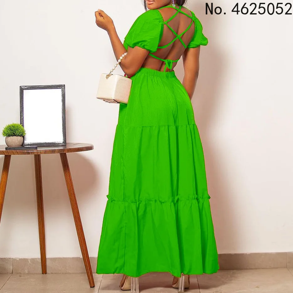 

Платье женское длинное из полиэстера с V-образным вырезом и коротким рукавом