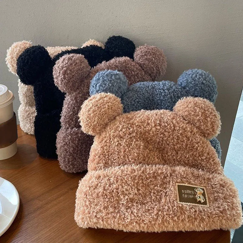 

Утолщенные шапки Bear Ears, плюшевая Защитная шапка для ушей, милая вязаная шапка, теплая плюшевая шапка, однотонная Кепка Для Взрослых