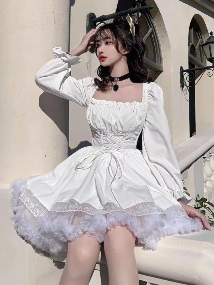 

Милое Платье для девушек в японском стиле Лолита, шифоновое кружевное платье с квадратным вырезом и рукавами-фонариками, белое сказочное пл...
