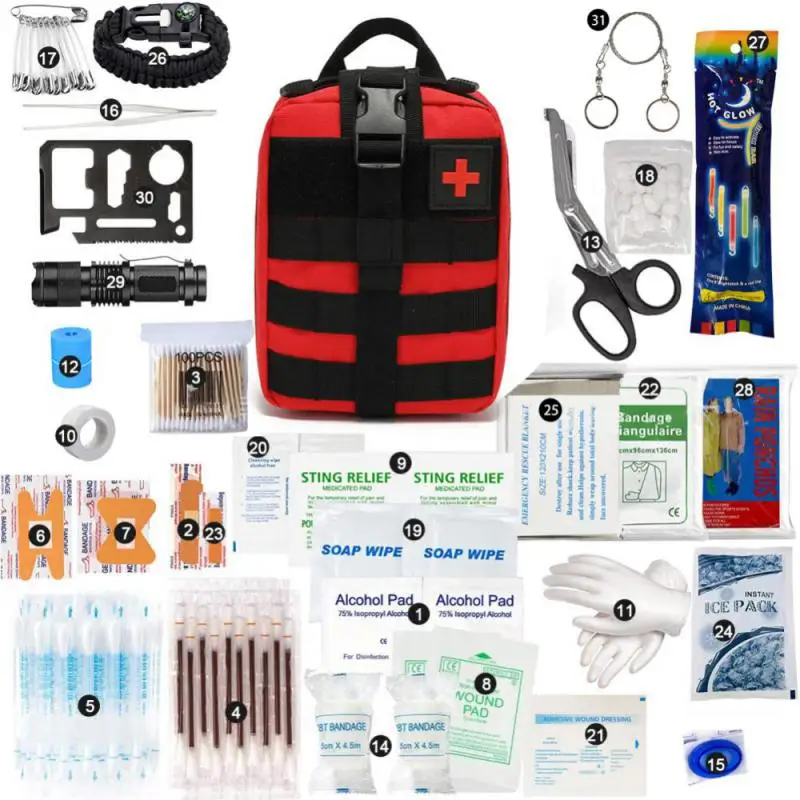 

Contains 32 Items Multifunctional Emergency Survival First Aid Kit Military Tactics Management Bag Outdoor Camping Survival Tool