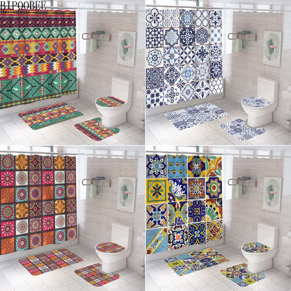 

Bohemian Shower Curtain Waterproof Fabric Bathroom Curtains Lattice Pedestal Carpet Lid Toilet Cover Non-slip Mat Bath Rugs