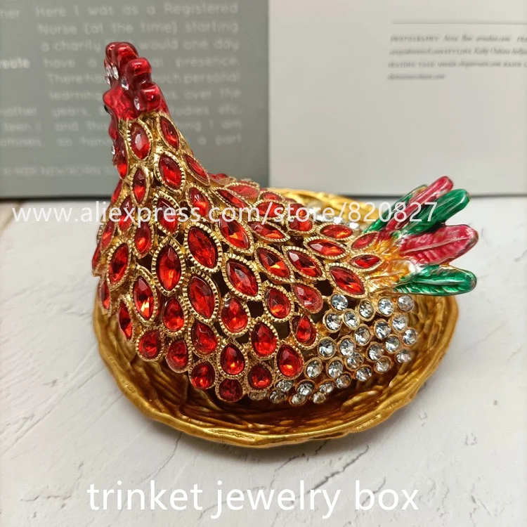 Big Rhinestones Chicken Metal Jewelry Box Chicken with Egg Metal Crafts