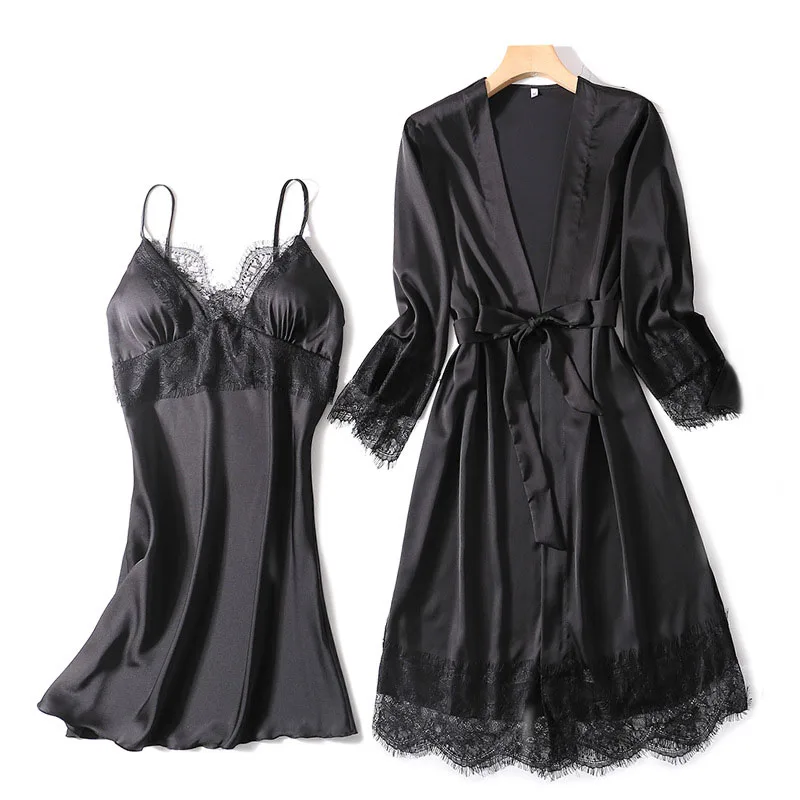 Women's Sleepwear 2 Pcs Sets Satin Silk Sleep Dress Sling Lace Dress and Robe Pajamas Set