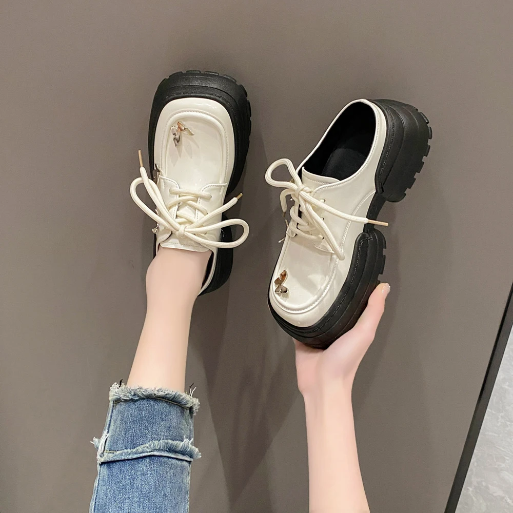 

European British style square head leather shoes women's 2023 spring autumn thick soled loafers platform sole single shoes