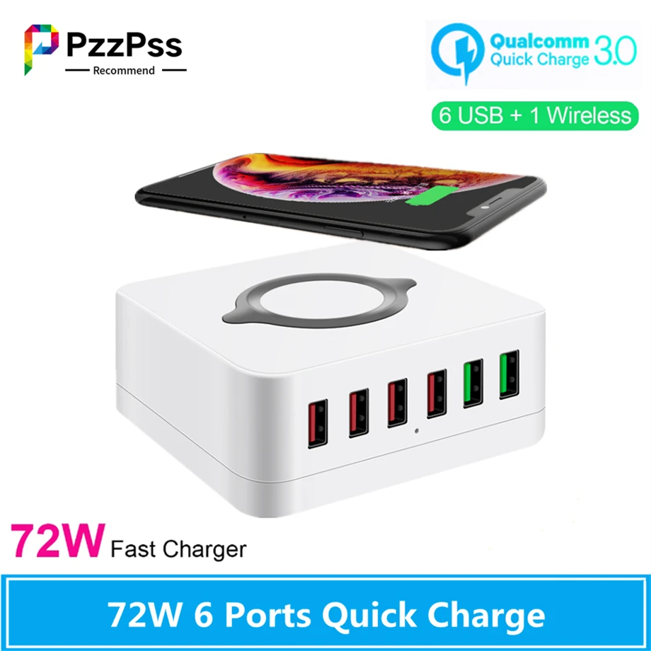 

PzzPss 72W USB Socket Charger Station 10W Wireless Dual QC3.0 Fast Charging Adapter 6 Ports USB Charger For iPhone Xs 11 Xiaomi
