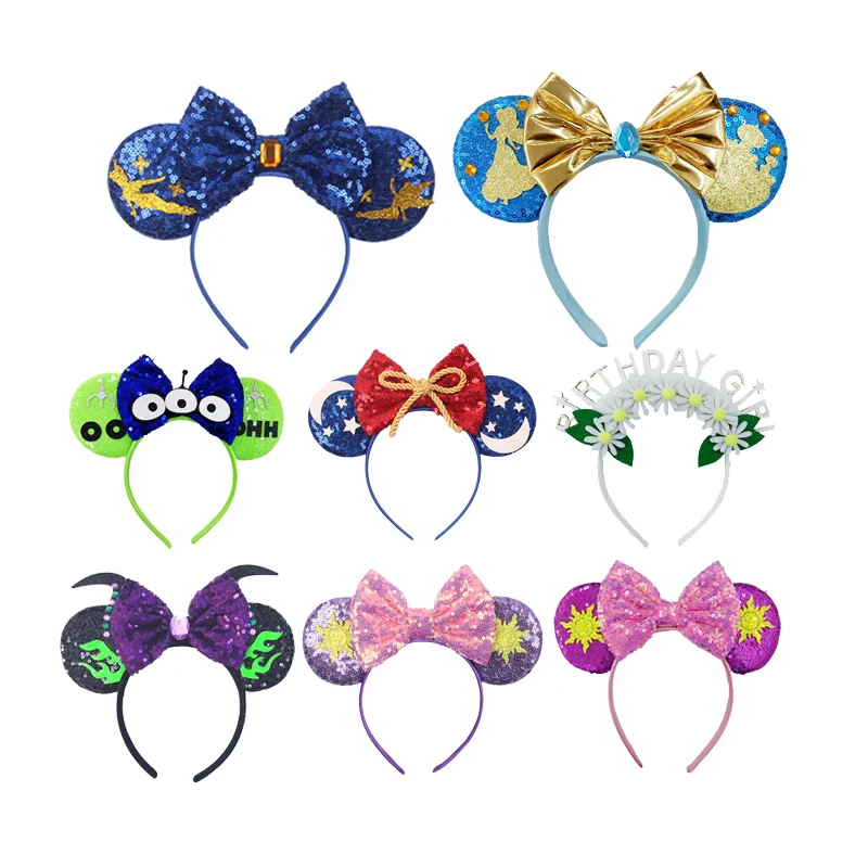 Fashion Mickey Minnie Ears Headband Star Moon Mouse Party Leopard Hairband Kids Sequin Bow Female Hair Accessories