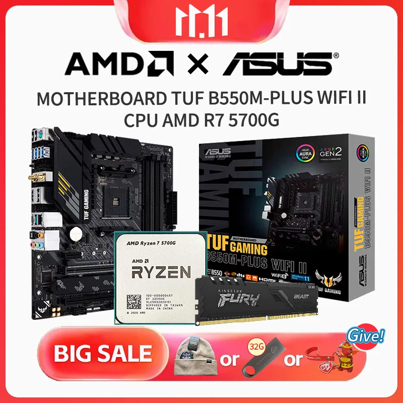 

New ASUS TUF Gaming B550M-PLUS WIFI II Motherboard + AMD R7 5700G CPU Suit Socket AM4 + Kingston Fury DDR4 3200MHz 8G*2 Memory