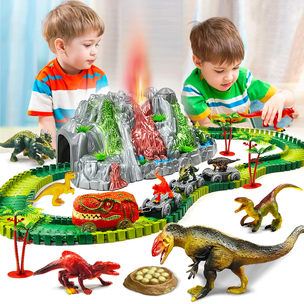 

Stunt Speed Racing Track Railway Dinosaur Train Mist-spouting Volcano Interactive Competition Educational Toys for Children Gift