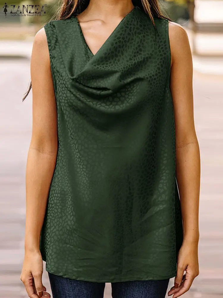 

ZANZEA Summer Leopard Printed Tanks Tops Women Stylish OL Satin Shirt Elegant Sleeveless Blouse Casual Office Work Party Blusas