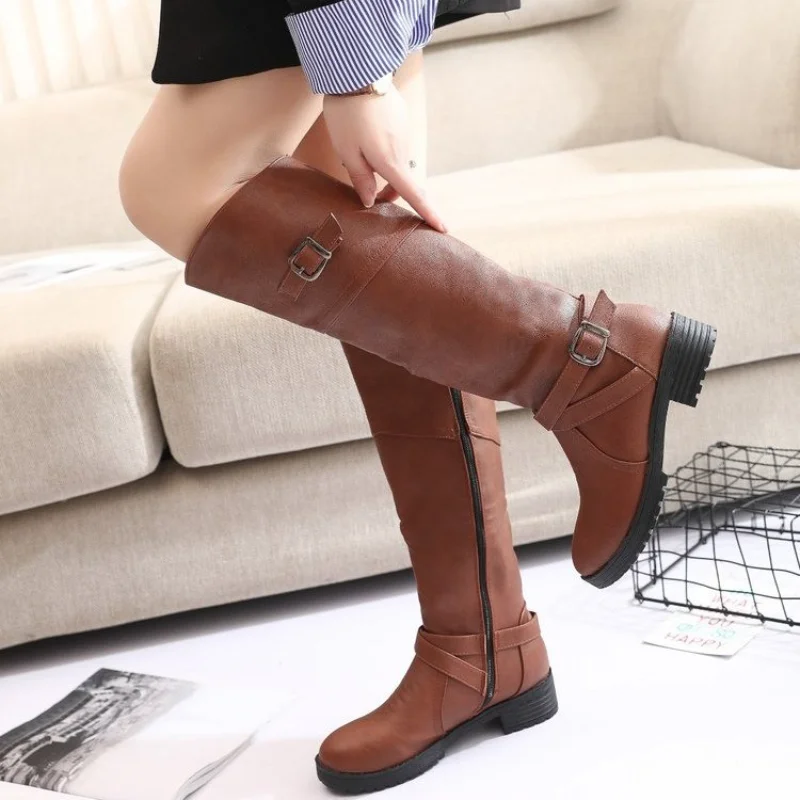 2023 Autumn Winter Knee High Boots Womens Motorcycle Boots High Heels Side Zipper Female Shoes Black Brown Green Large Size