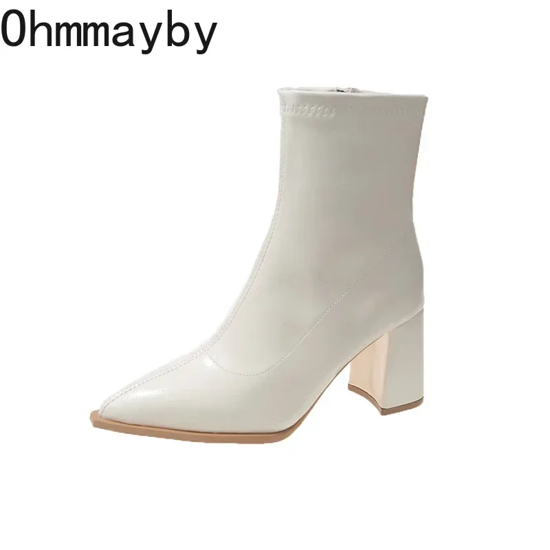 Женские ботильоны на молнии сбоку с острым носком толстом каблуке