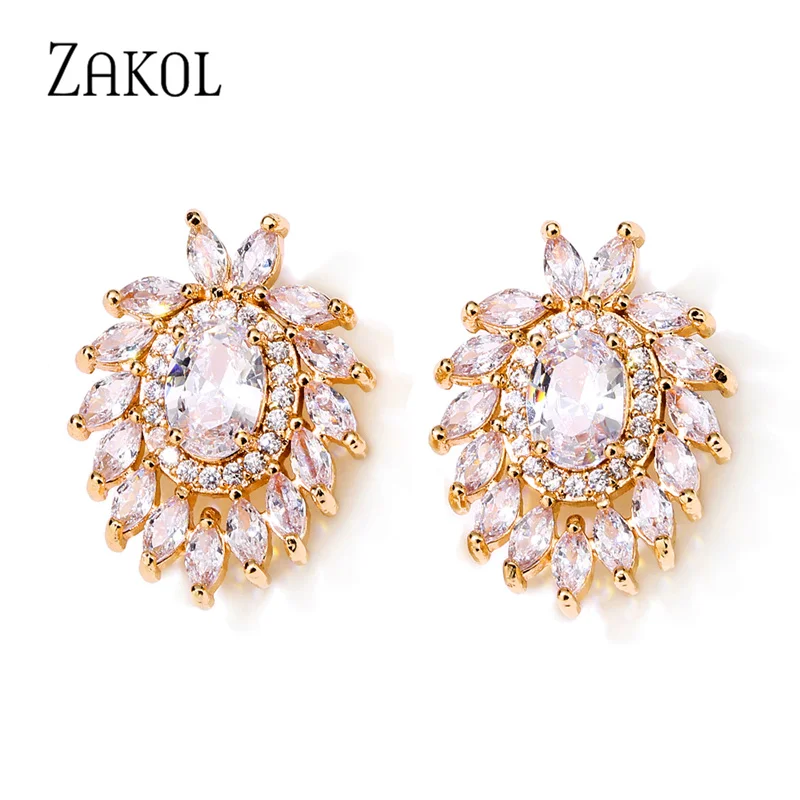 

ZAKOL Простые Модные овальные серьги-гвоздики с кубическим цирконием и цветком для женщин, Изысканный Подарок на годовщину, ювелирные изделия...