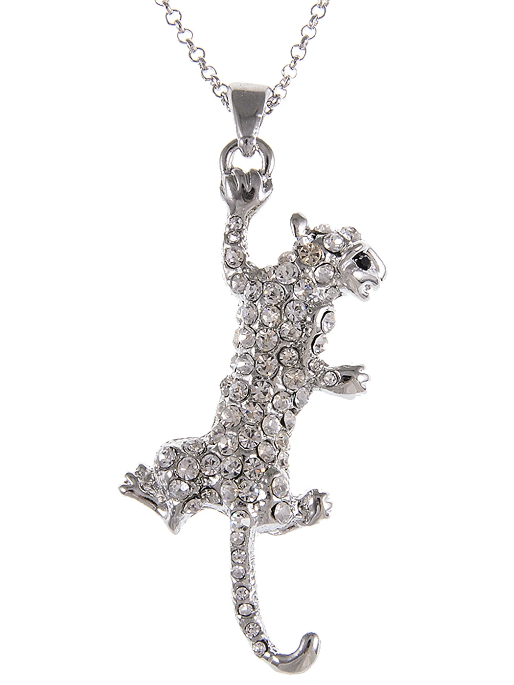 

Silvery Tone Shine Clear Rhinestones Leopard Animal Pendant Necklace