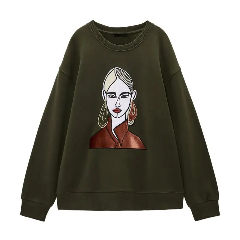 

PA Qiu New Round Neck Cotton Bottoming Hood, Jacket, Girl Printed Loose Plus Velvet Sweater Clothes Sweatshirt