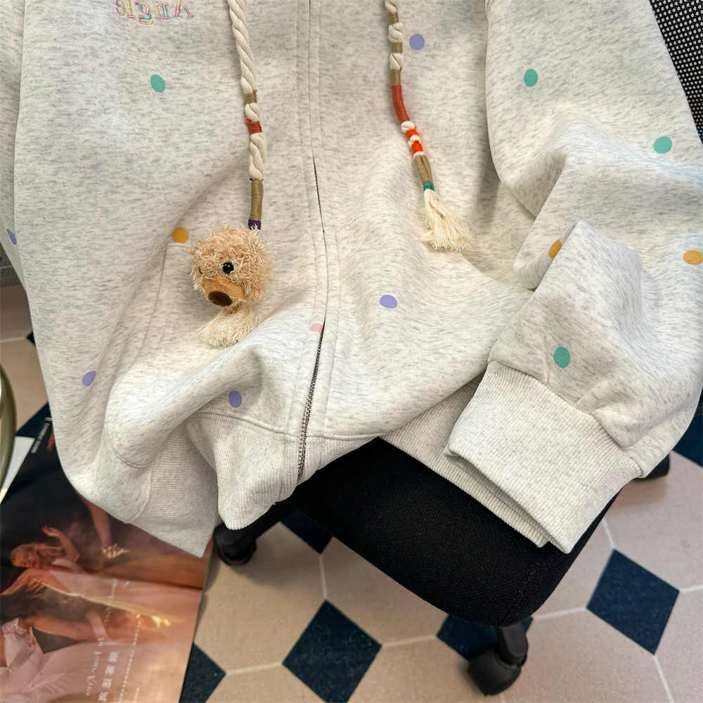 Осенние новые толстовки в стиле преппи горошек с изображением медведя женские