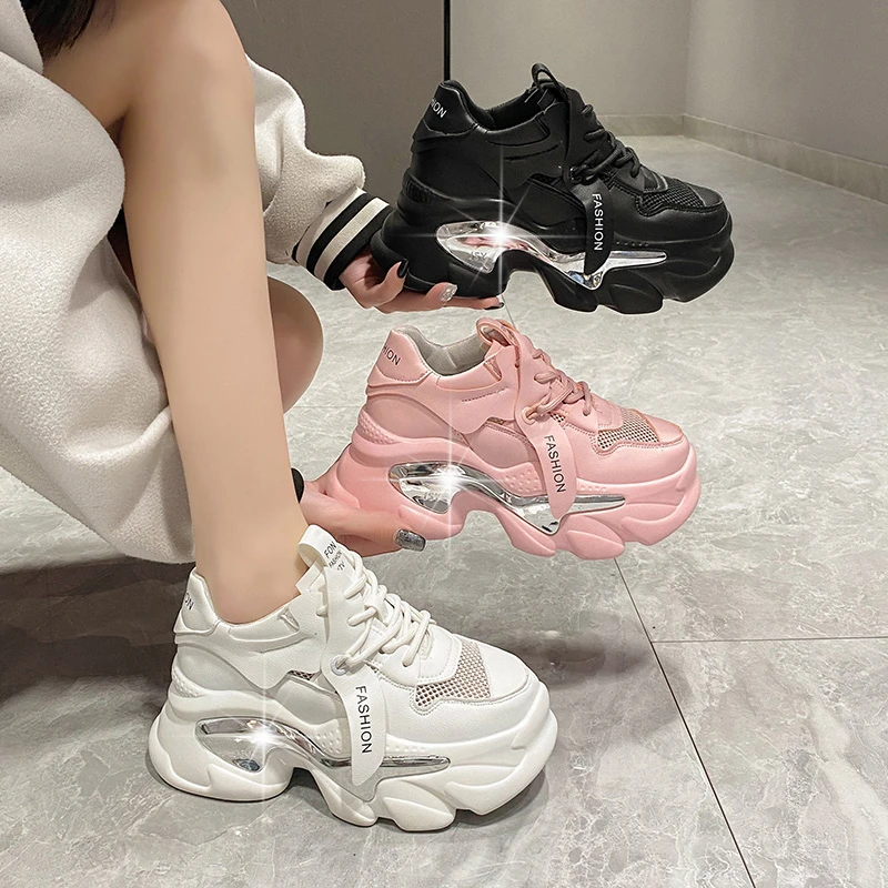 New Fashion Women Summer Leather Sneakers 8CM Heels White Mesh Casual Shoes Woman Trainers Lace-Up Breathable Platform Sneakers