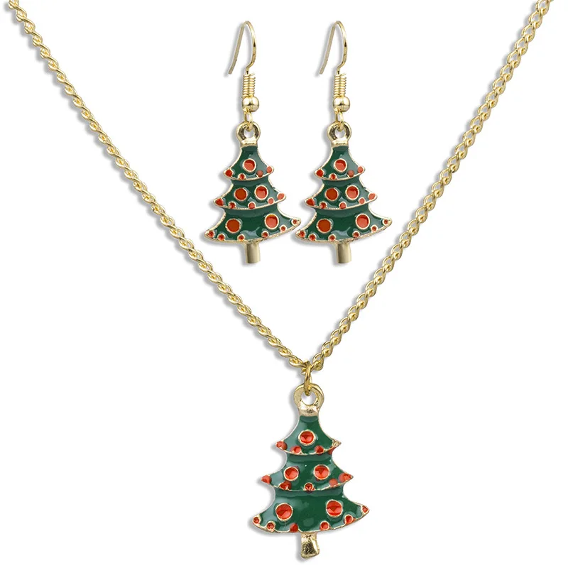 

Cross Border European And American Fashion Christmas Suit, Versatile Oil Dripping Tree Earrings, Necklace, Two-piece