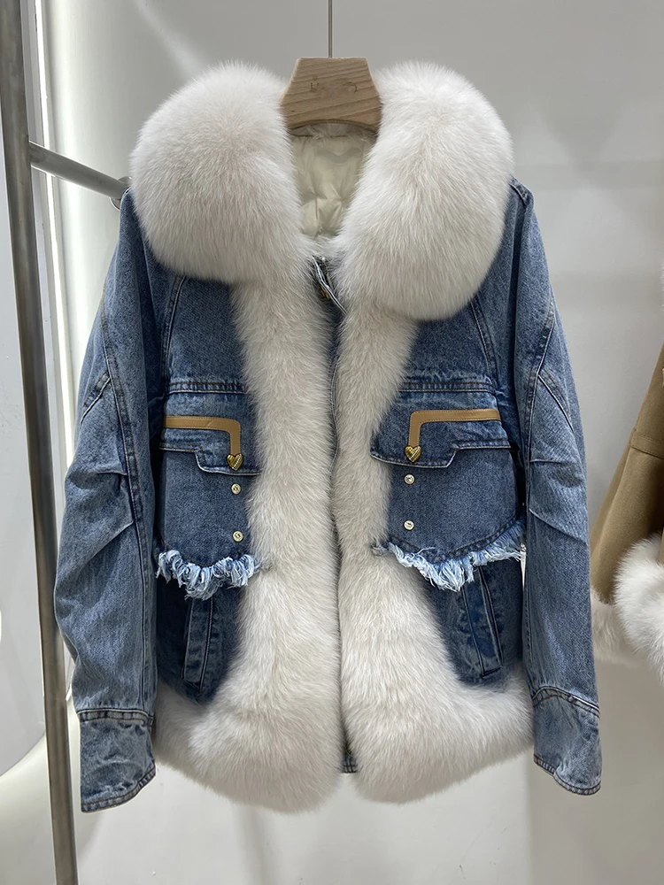 

New Arrival Women Winter Real Fox Fur Collar Goose Down Jacket Warm Fox Fur Lady's Jean Coats Warm Denim Jacket