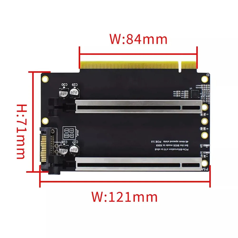 Фото Карта-разветвитель PCIe 3.0 X16 на два порта X8 с питанием SATA для графических процессоров Gen3, SSD и сетевых адаптеров (расширитель) №3