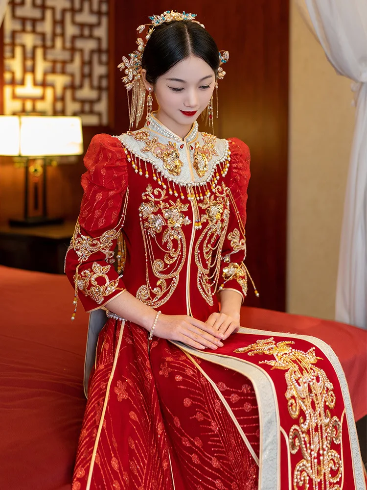 Exquisite Beaded Tassel Sequins Embroidery Formal Velour Chinese Wedding Dress Women Man Oriental Cheongsam