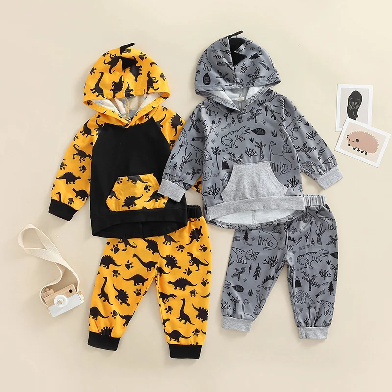 

Повседневный костюм для мальчиков, Топ с длинным рукавом и карманами с принтом динозавра + длинные брюки в стиле пэчворк, 1-5 лет