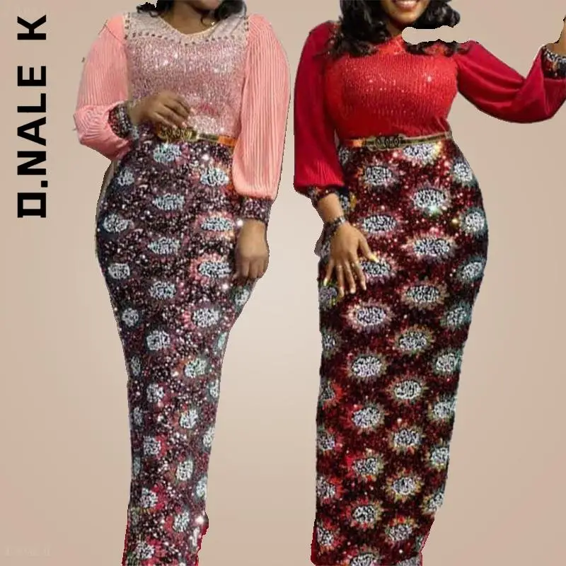 

D.Nale K Sexy Lantern Sleeves Maxi Dress Fashion Africa Sequins Women Dress Vintage Elegants Bodycon Vestido Party Club Dress