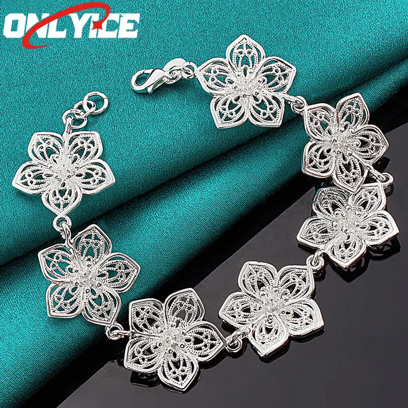 

925 Sterling Silver 7 Big Petals Chain Bracelet Ladies Fashion Glamour Birthday Party Wedding Engagement Jewelry