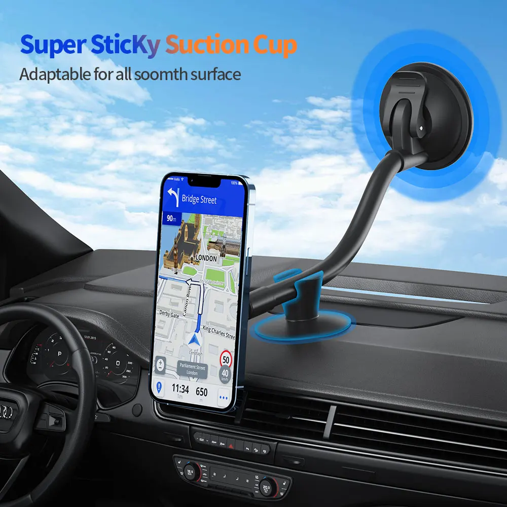 Car Phone Holder Magnetic Windscreen Car Mount Flexible Long Arm Windshield Suction Phone Cradle with Dashboard Base for iPhone