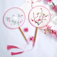 chinese style embroidery fan vintage decoration fan with ancient style long handle tassel hand fan party wedding dance art craft