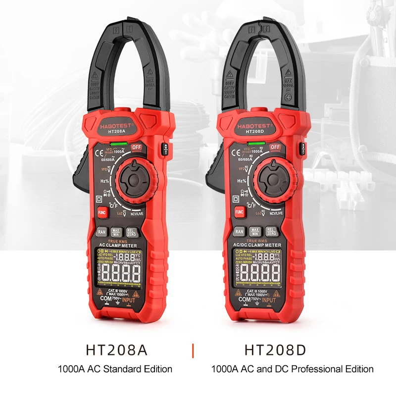 

HT208A/D AC/DC Digital Clamp Meter 1000A 750V/1000V True-RMS NCV Continuity Ohm Hz VFD REL Resistor Capacitor Tester Multimeter