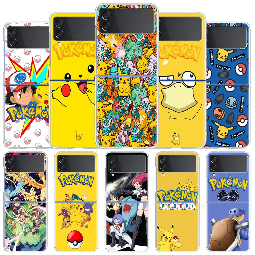

Забавный милый чехол с покемоном для Samsung Galaxy Z Flip 4 5 5G Прозрачный жесткий чехол для сотового телефона ZFlip 3 прозрачный роскошный чехол из поликарбоната
