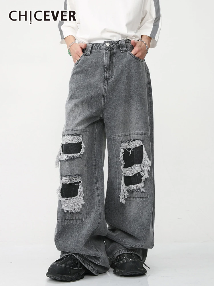 

CHICEVER Hole Hollow Out Denim Trousers For Women High Waist Colorblock Folds Raw Hem Spliced Pockets Loose Wide Leg Pant Female