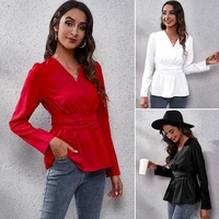womens chiffon blouse v neck waist slim long puff sleeves clothing office ladies tops casual high quality spring autumn shirts