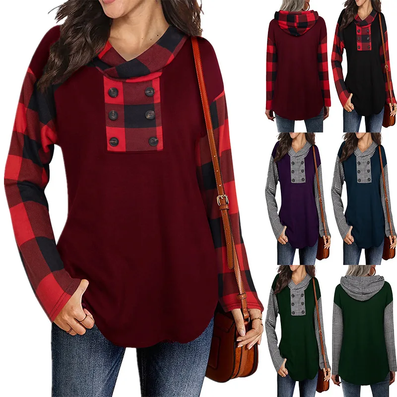 

2022 Women's Printed Plaid Hooded Sweatshirts New Fashion Ladies Autumn and Winter Splicing Pullover Long Sleeve T-Shirt Female