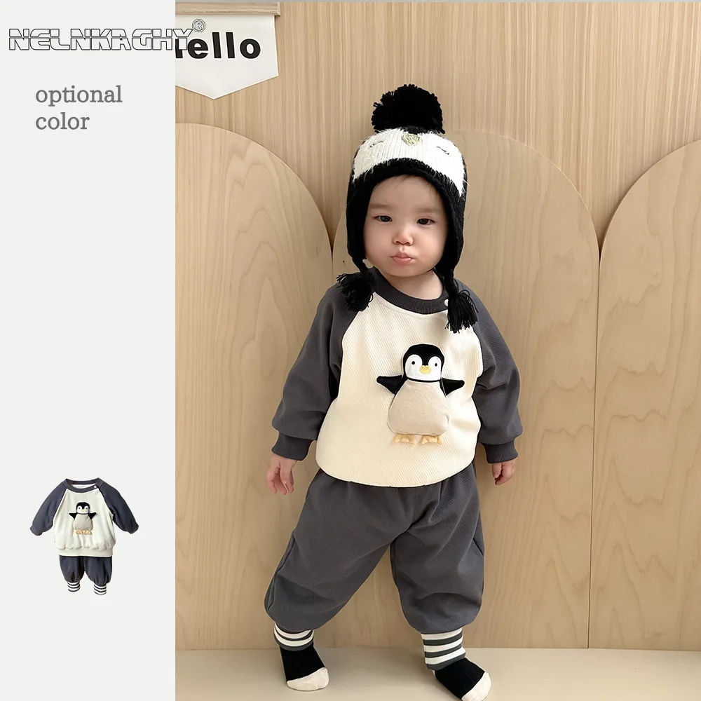 

Winter New in Kids Baby Boys Color Blocking 3D Penguin Top Sweatshirts + Harem Pants Toddler Thicken Warm Clothing Set 2pcs 0-3Y
