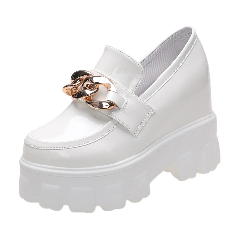 2022 New women shoes Patent Leather Chunky Sneakers Fashion Chain High Heels British Style Platform Casual Shoes designer shoes