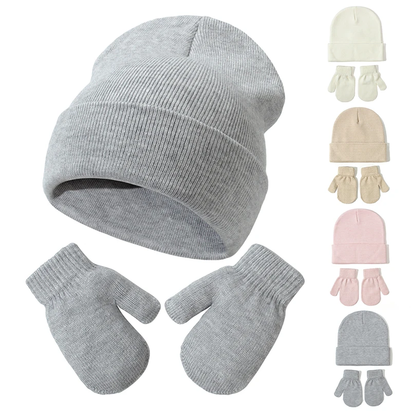 

2Pcs Solid Color Baby Beanie Hat Gloves Set Winter Warm Knitted Cap for Newborn Boys Girls Mittens Soft Warm Infant Bonnet