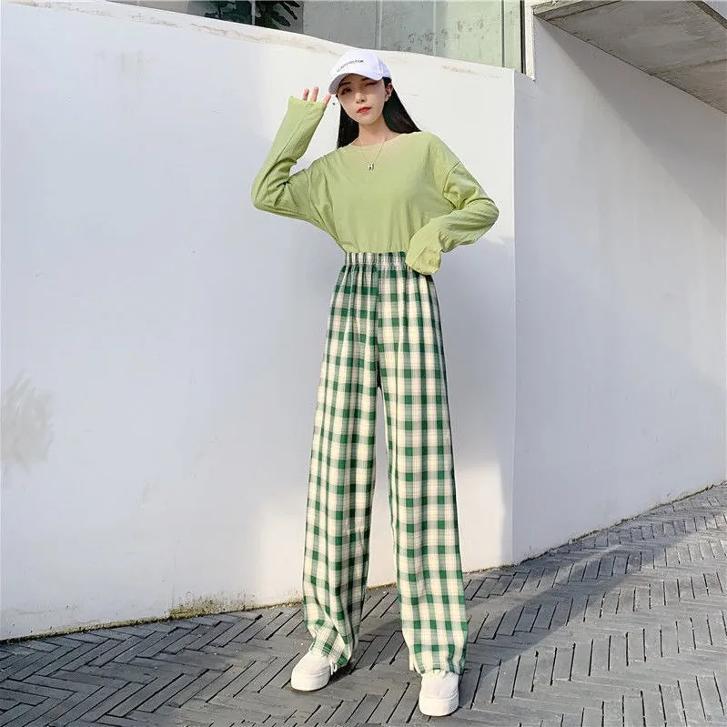 Plaid Thin pants women summer 2022 new high-waisted loose-fitting straight trousers dropshipping tug pants casual pants