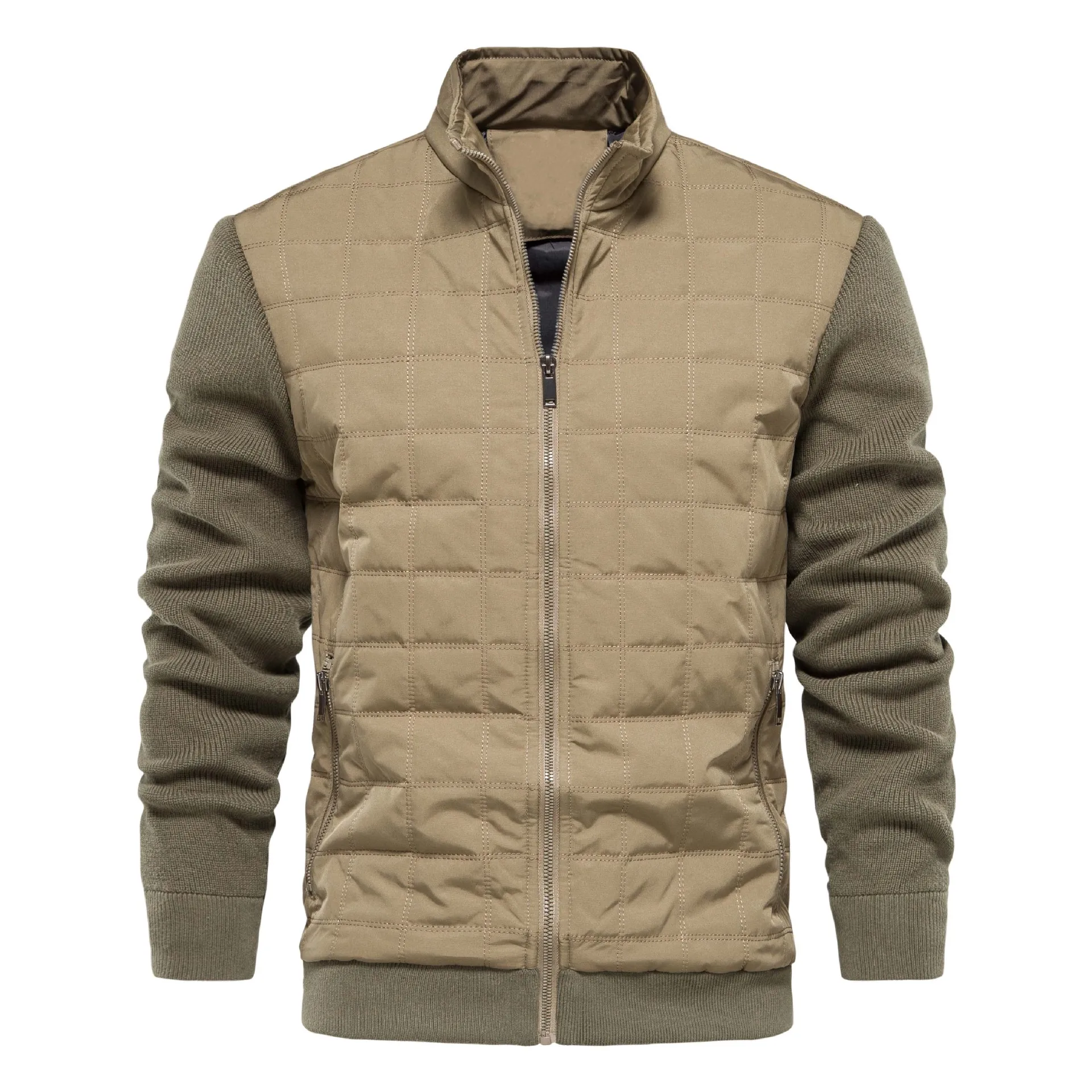 LUCLESAM Men's Stand Collar Jackets Stitching Knitted Sleeve Zipper Cotton Coats Winter New Business Casual Men Warm Clothing