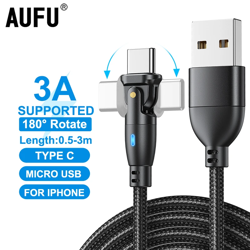 AUFU вращающийся на 180 градусов USB-кабель типа C провод для быстрой зарядки Xiaomi POCO