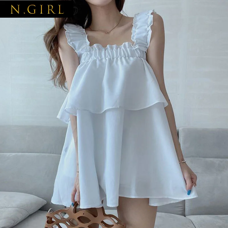 

Kimutomo Sexy Double Ruffles Stitch Sleeveless Shirt Woman Sweet Solid Simple Square Collar Versatile Top Korean Summer 2022 New