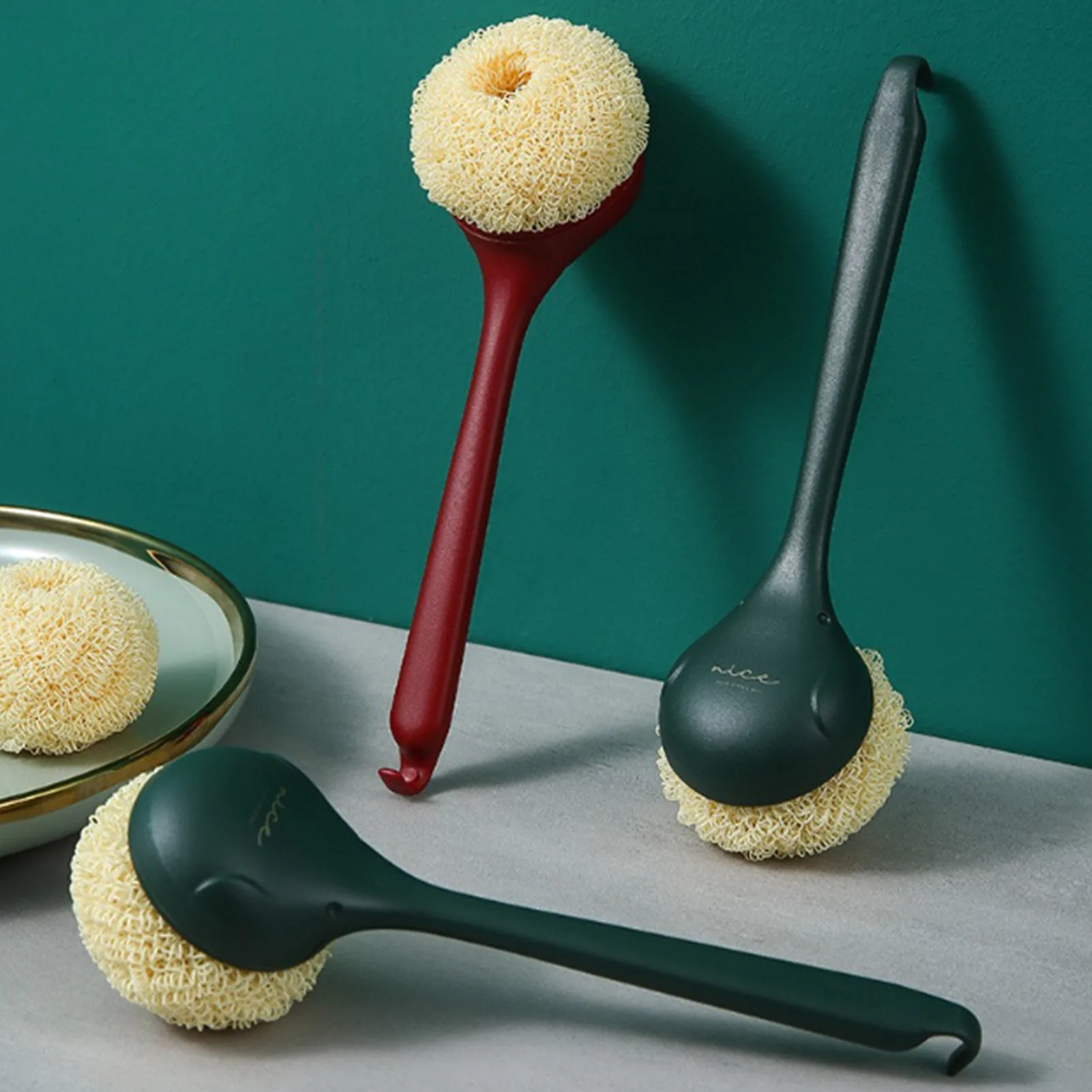 

Kitchen Dish Scrub Sponge Brush With Long Handle Polyester Cleaning Ball For Dishes Pots Pans Sinks Protect Your Hands