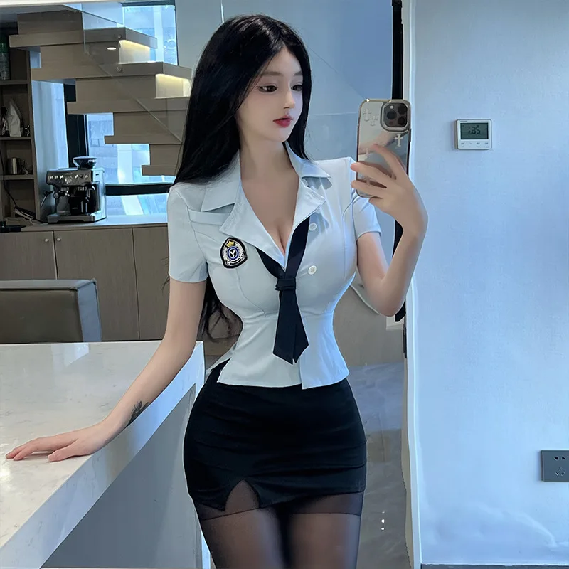 Сексуальные Полицейские женские костюмы для косплея офиса синяя юбка-гарнитур