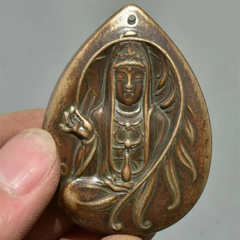 

2" Old Chinese Bronze Ferngshui Kwan-Yin Guan Yin Goddess Pendant Amulet
