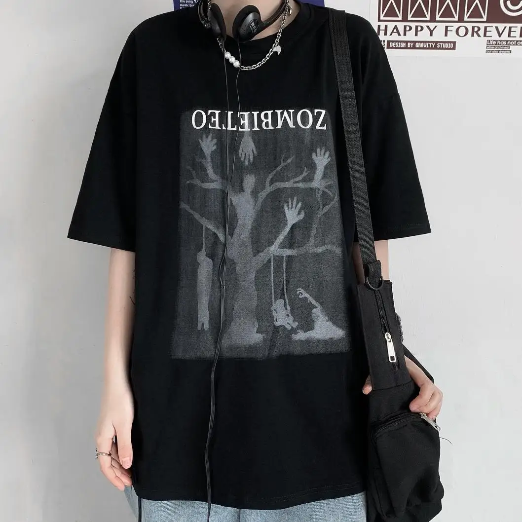 

Tide High-Street Printing Letter Round Neck Short Sleeve Tees For Women Fashion Gothic Summer New All-Match Couples Tops Ins