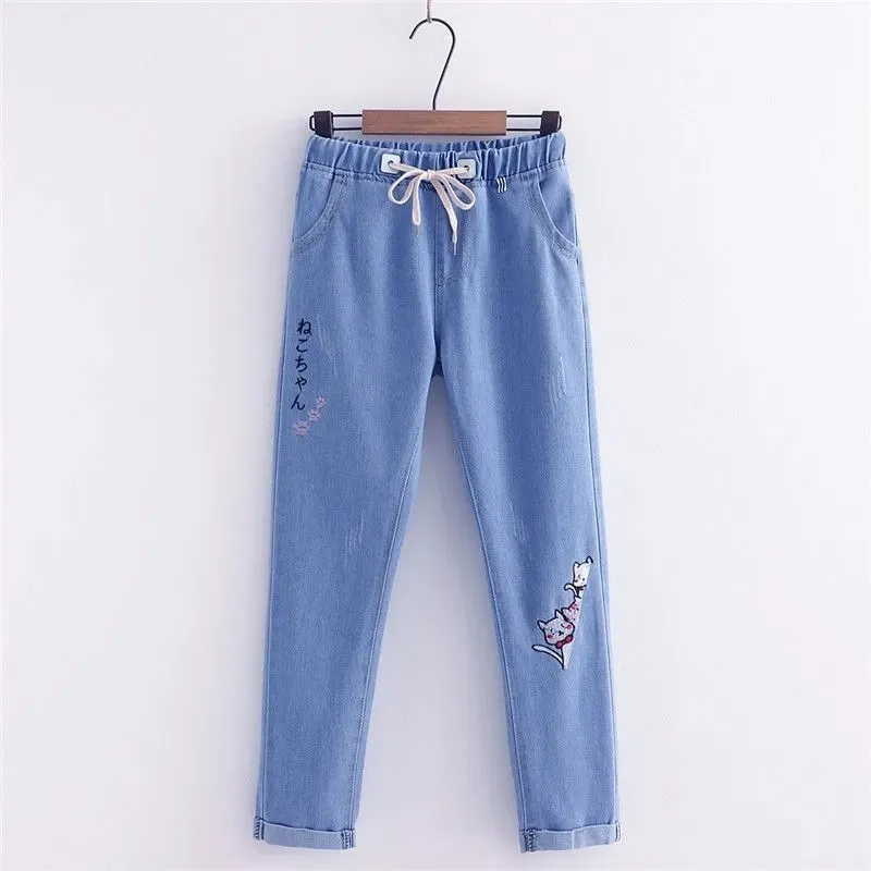 

Embroidered Trousers Women's Straight Pants 2022 New Japanese Style Jeans Spring Autumn Denim Pant Waist Tether Student Clothes