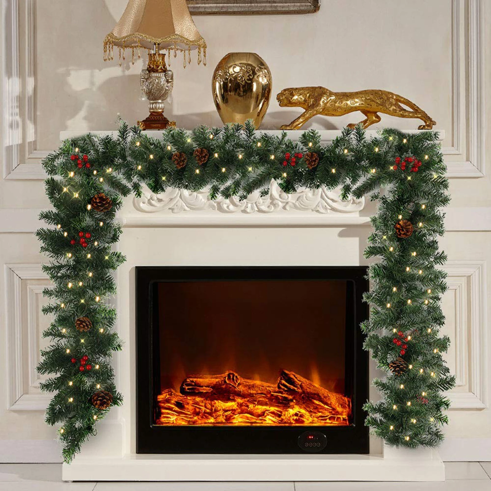 Christmas Garland Decorations Greenery Outdoor Lighted Pine Garland Holiday Xmas Ornament Mantle Fireplace Flame-resistant