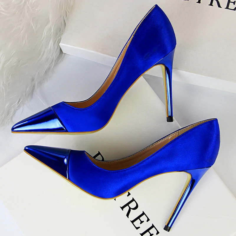 Blue Women Pumps Satin Stitching High Heels Women Shoes Sexy Nightclub Party Shoes Stiletto Heels 10 Cm Lady Pumps